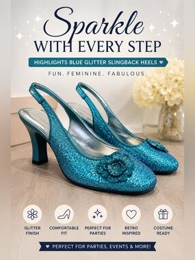 Highlights Blue Glitter Slingback Heels w/ Flower Detail | Sparkly Party Shoes
